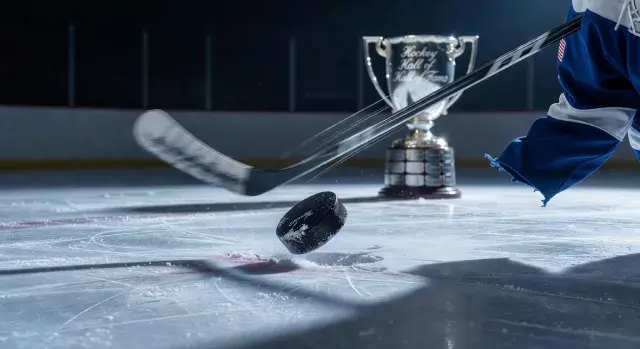 Jack Hughes contests Hockey Hall of Fame possession of puck from U.S. men's Olympic hockey gold-medal goal
